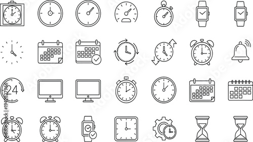 Set of time and date outline icons for business management, scheduling, clocks, calendars, stopwatches, alarms, hourglasses, and productivity tracking services.
