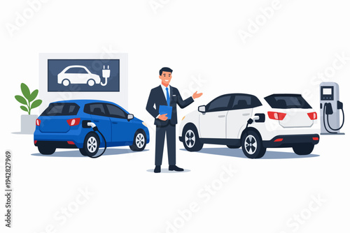Salesman standing between electric vehicles at a dealership with charging stations
