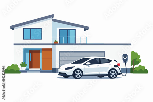 Electric car charging at a modern house, promoting green energy and sustainability