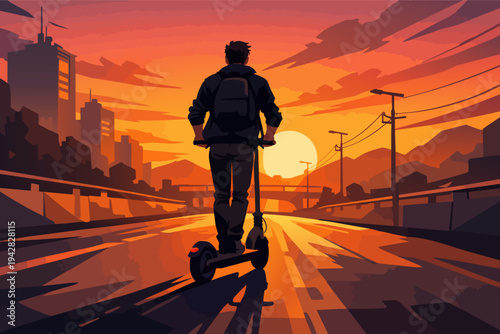 Urban commuter riding an electric scooter into sunset city during golden hour