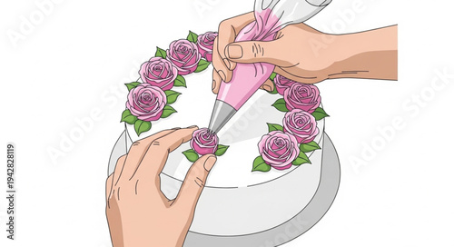 Hands Decorating Cake with Flowers.