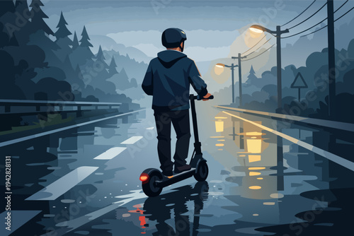 Man driving electric scooter on a rainy city street at night with glowing reflections