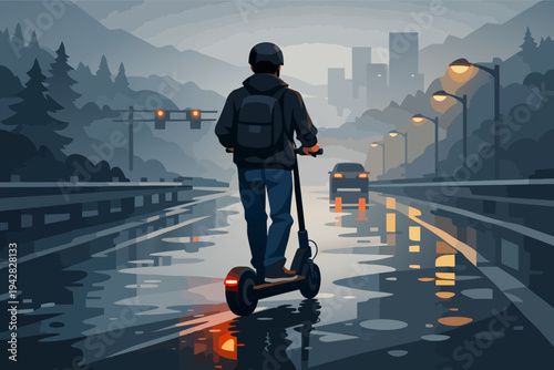 Urban commuter riding electric scooter on wet city road at night
