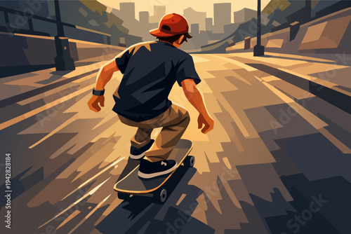 Skateboarder riding a longboard through an urban street at sunset, youth culture and freedom