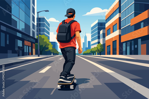 Young man skateboarding on urban city street, embracing freedom and youth culture