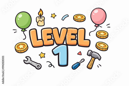Cartoon level one game concept with coins balloons tools and candle celebrating progress