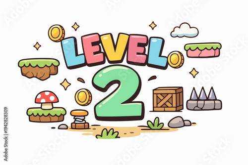 Level 2 gaming world with platformer elements, coins, and power-ups for video game design