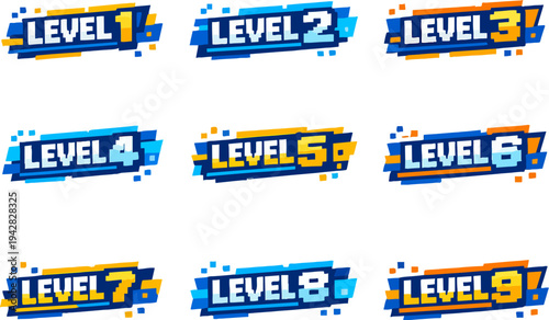 Retro pixel game level numbers 1 to 9 with speech bubble banner design