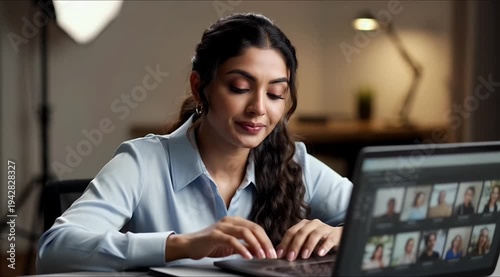 Concerned Woman Working on Laptop in Blue Shirt with Desk Lamp
