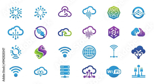 Collection of modern technology and cloud computing icons.