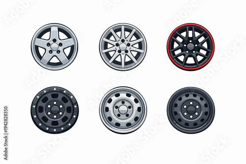 Car wheels vector set showing different types of rims and automotive parts