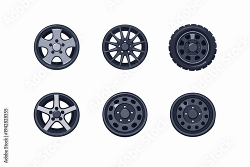 Car wheel designs and automotive parts showcasing various vehicle rims and tires