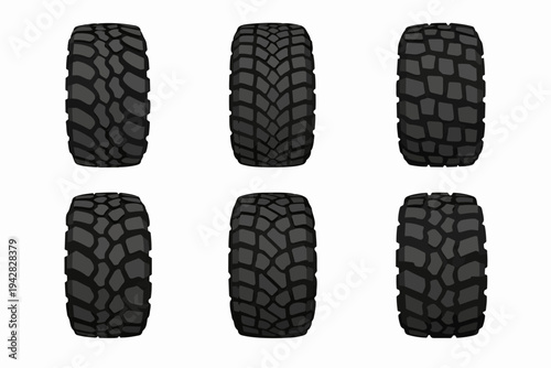 Off-road vehicle tires set featuring distinct tread patterns on white background