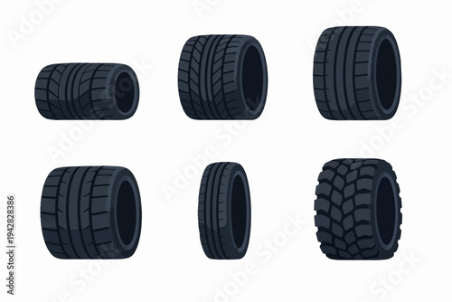 Car tire set with different treads for automotive industry and vehicles