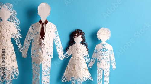 Cut paper figures holding hands on a light blue background in a simple display