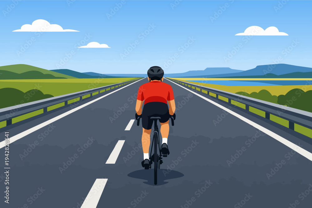 Obraz premium Cyclist riding a bicycle on a long, empty road towards the horizon