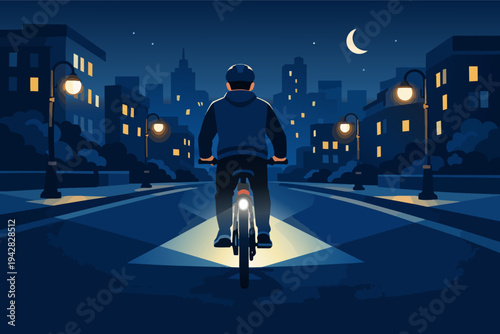 Biker commuting at night in city, riding bicycle safely with illuminated road