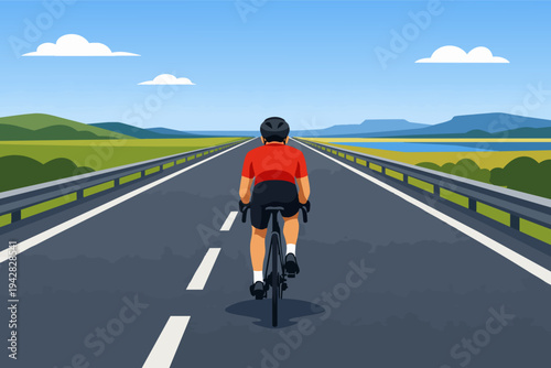 Cyclist riding a bicycle on a long, empty road towards the horizon