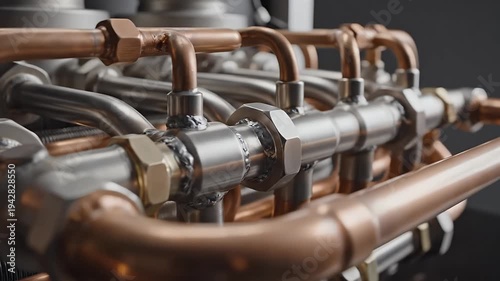 Copper and Silver Pipes with Metal Joints on Dark Gray Background