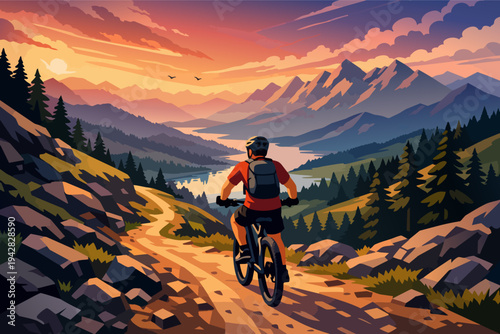 Mountain biker riding a trail at sunset in an alpine landscape