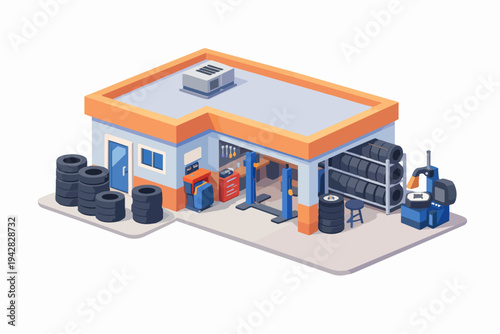 Auto service station providing tire repair and car maintenance in isometric view