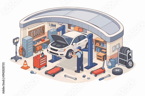 Isometric auto repair shop with mechanic servicing a car on a hydraulic lift