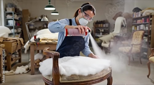 Craftswoman Restoring Antique Armchair With Spray Adhesive Indoors Workshop White Protective Mask Goggles Blue Shirt