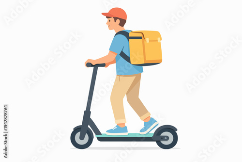 Delivery person riding electric scooter providing fast logistics service