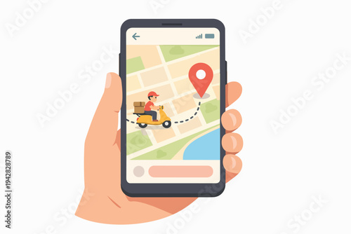 Hand holding smartphone tracking delivery courier on scooter on a city map application