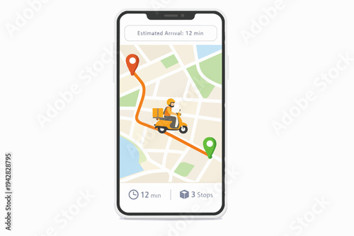 Smartphone displaying delivery app with scooter courier on urban map, tracking package