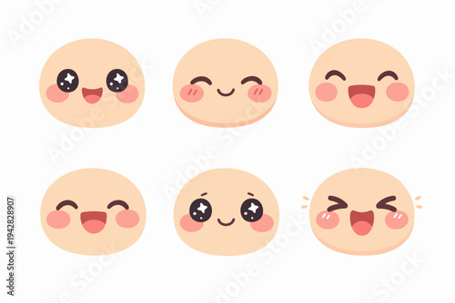 Cute kawaii emoji faces expressing happiness, joy, and positive emotions set
