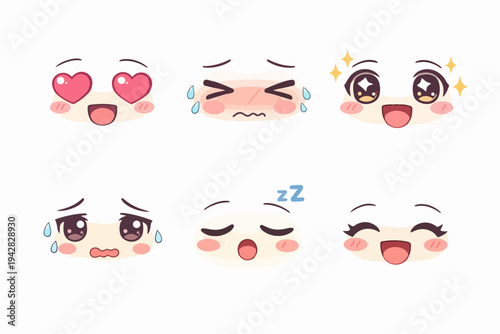 Anime faces depicting various emotions and expressions with cute kawaii style