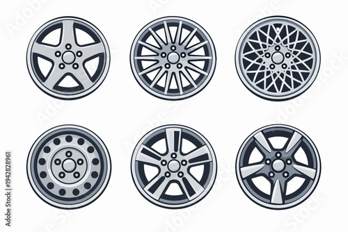 Automotive wheels presenting different styles of rims and hubcaps