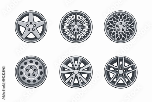Car wheel, alloy rims, steel rim and tire parts vector icons set