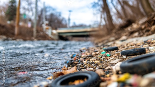 Trash and tires near riverbank by bridge in urban area during daytime