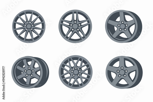 Various car wheels showcasing different alloy rim designs and automotive parts