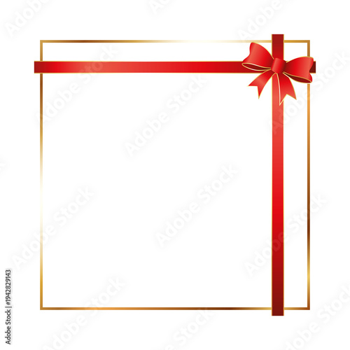 White greeting card with a gold frame and a red bow design