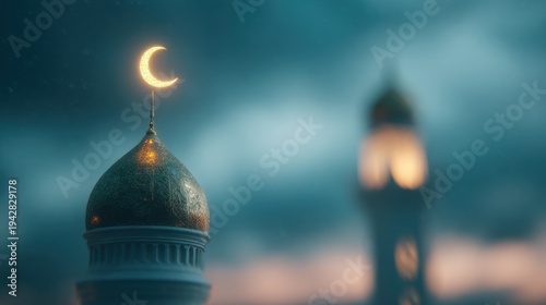 Mosque dome under moonlight at dusk with blurred tower in background
