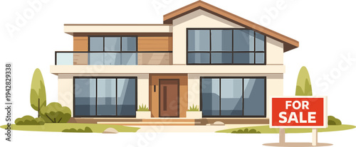 Modern house illustration with for sale sign representing real estate and investment