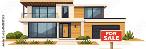 Modern home with 'for sale' sign indicating real estate property listing