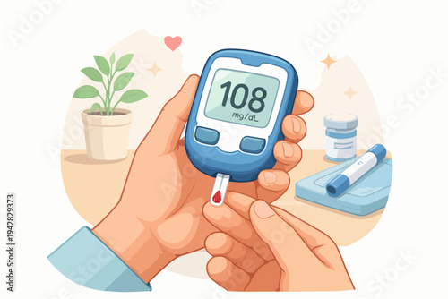 Person checking blood glucose level with glucometer for diabetes monitoring