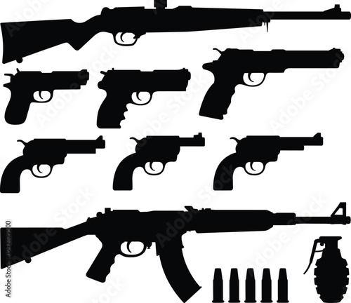Collection of gun and rifle silhouettes including pistols revolvers grenade and bullets isolated on white background military weapon icon set