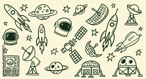 Retro Space Exploration Drawing Collection Rocket Astronaut Planet Satellite