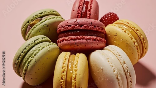 Close Up of Colorful Macarons on a Pink Background with Studio Lighting and Focus on Food Confectionery
