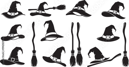 Black Silhouettes of Witches Hats and Brooms on White
