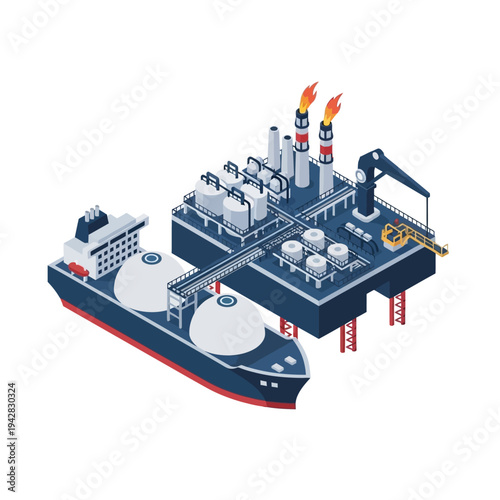 Isometric illustration of a liquefied natural gas (LNG) carrier docked at an offshore processing platform for loading and unloading.