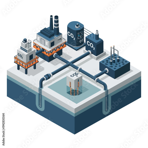Isometric illustration of a carbon capture, utilization, and storage (CCUS) facility with factories, CO2 tanks, pipelines, and underground injection.