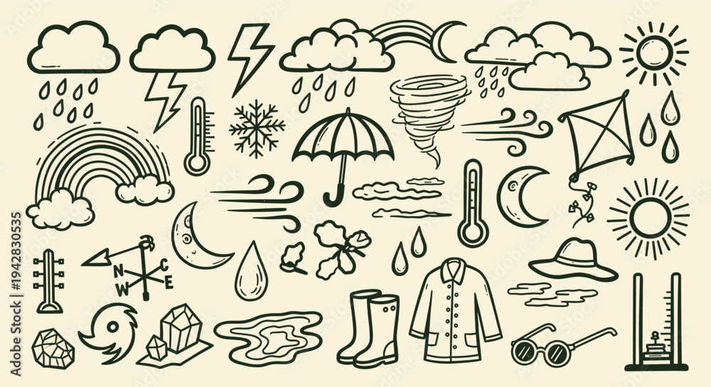 Obraz premium weather icons collection hand drawn doodles on beige background