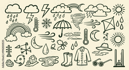 weather icons collection hand drawn doodles on beige background