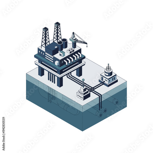 Isometric illustration of an offshore oil rig and processing platform connected by pipelines beneath the ocean surface.